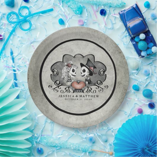 黒いハロウィンの骨組及び灰色の一致の結婚式 ペーパープレート (パーティー)