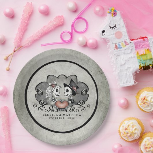 黒いハロウィンの骨組及び灰色の一致の結婚式 ペーパープレート (パーティー)