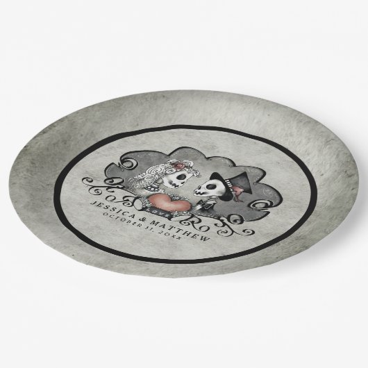 黒いハロウィンの骨組及び灰色の一致の結婚式 ペーパープレート (アングル)