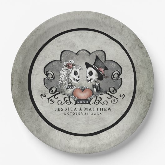 黒いハロウィンの骨組及び灰色の一致の結婚式 ペーパープレート (正面)