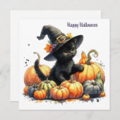 黒いハロウィン子猫とカボチャ & 魔女の帽子 シーズンカード (正面/裏面)