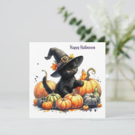 黒いハロウィン子猫とカボチャ & 魔女の帽子 シーズンカード