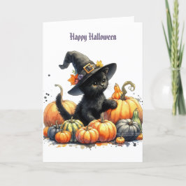 黒いハロウィン子猫とカボチャ & 魔女の帽子 シーズンカード