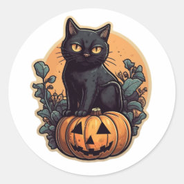 黒いハロウィン猫とかぼちゃ ラウンドシール