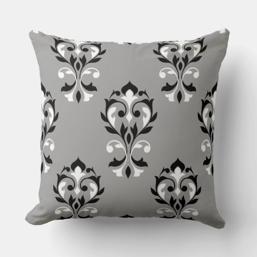 黒いハートのダマスク織大きいPtn及び灰色の白 クッション (正面)