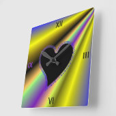 黒いハートオンレインボー スクエア壁時計 (傾斜)