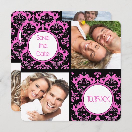 黒いハートダマスクのピンクの結婚式の日付を保存 セーブザデート (正面/裏面)