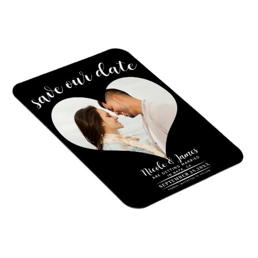 黒いハート写真の結婚式の日付を保存 マグネット (右側)