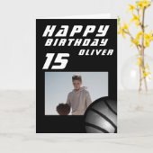 黒いバスケットボール ボール少年 写真 幸せな誕生日 カード (黄色い花)