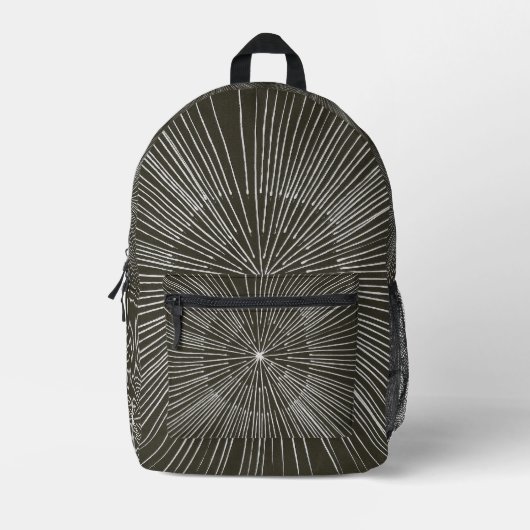 黒いバックパックの白い円形スポークパターン プリントバックパック (正面)