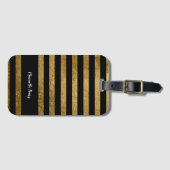 黒いバッグラベルと彼女の名前とフェイク金ゴールドストライプ ラゲッジタグ (正面横)