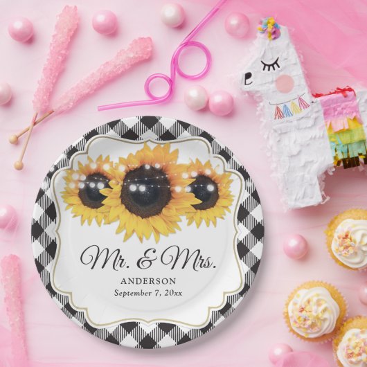 黒いバッファローの格子状のひまわりミセス結婚ズ ペーパープレート (パーティー)