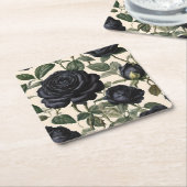 黒いバラと緑葉の スクエアペーパーコースター (アングル)