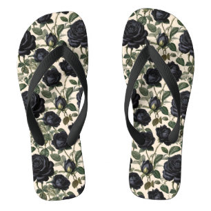 黒いバラと緑葉の ビーチサンダル