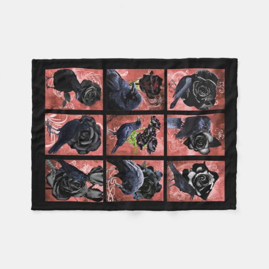 黒いバラのカラスとカラスのゴシック美術のコラージュ フリースブランケット (正面(横))