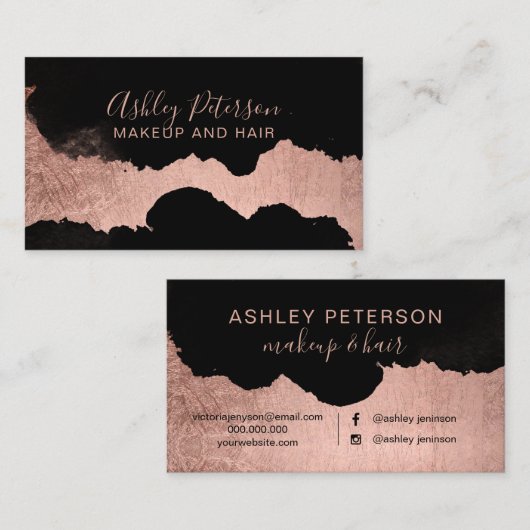 黒いバラ金ゴールドのブラシストロークヘアのメイクアップタイポグラフィ 名刺 (正面/裏面)