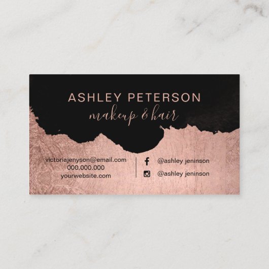 黒いバラ金ゴールドのブラシストロークヘアのメイクアップタイポグラフィ 名刺 (裏面)