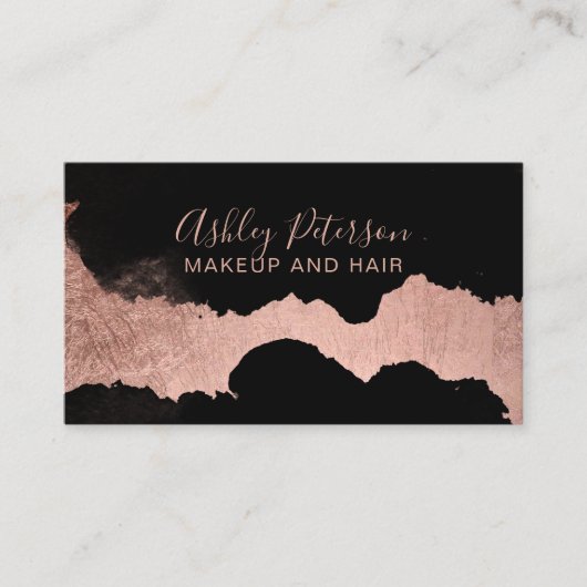 黒いバラ金ゴールドのブラシストロークヘアのメイクアップタイポグラフィ 名刺 (正面)
