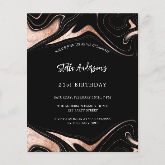 黒いバラ金ゴールド大理石予算の誕生日の招待 チラシ (正面)