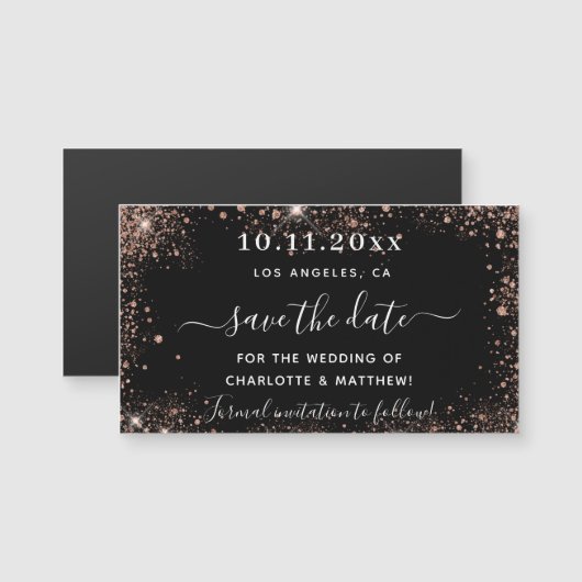 黒いバラ金ゴールド結婚式は日付磁石を保存 (正面/裏面)