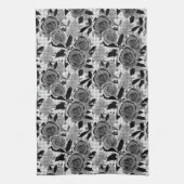 黒いバラ、バラ、黒と灰色 キッチンタオル (縦)