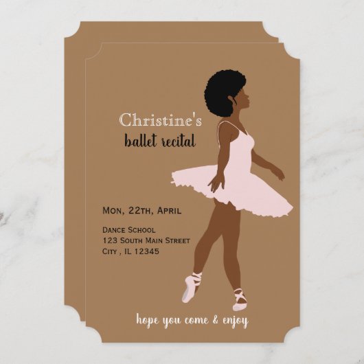 黒いバレリーナのアフロヘアのバレエ発表会 招待状 (正面/裏面)