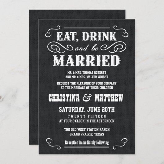 黒いバーラップの国の西部の結婚式招待状 招待状 (正面/裏面)