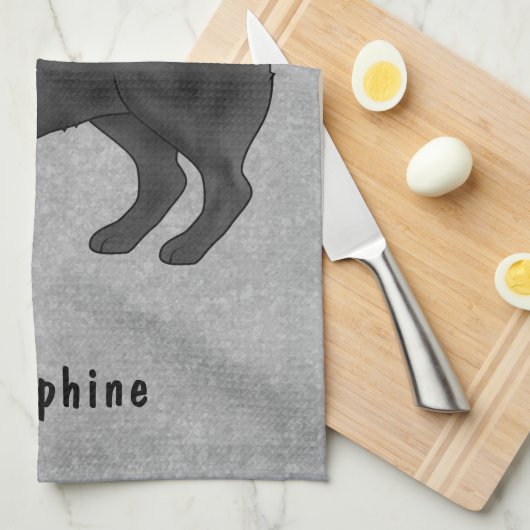 黒いパグかわいい漫画の犬と名前をカスタムするグレー キッチンタオル (四つ折り)