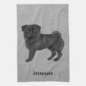 黒いパグかわいい漫画の犬と名前をカスタムするグレー キッチンタオル (縦)