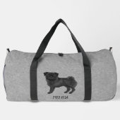 黒いパグかわいい漫画の犬と名前をカスタムするグレー ダッフルバッグ (裏面)