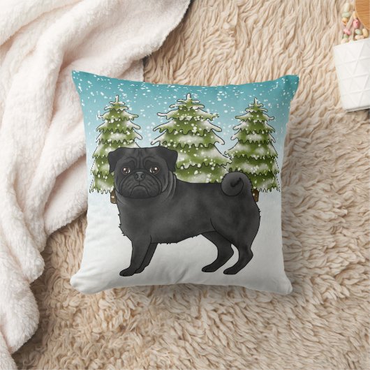 黒いパグかわいい漫画の犬の雪の冬の森 クッション (ブランケット)
