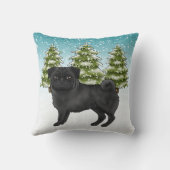 黒いパグかわいい漫画の犬の雪の冬の森 クッション (裏面)