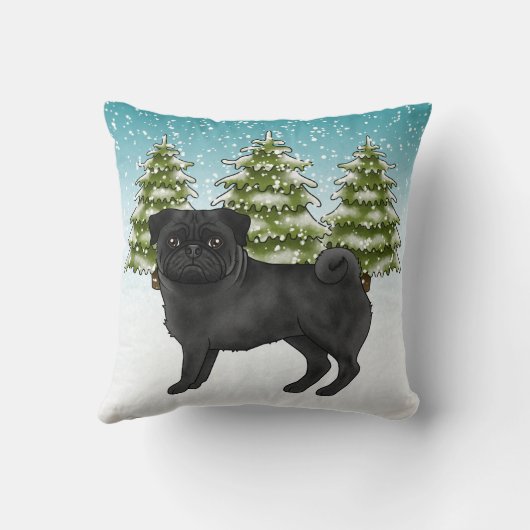 黒いパグかわいい漫画の犬の雪の冬の森 クッション (裏面)