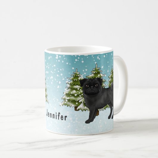 黒いパグかわいい漫画の犬の雪の冬の森 コーヒーマグカップ (正面右)