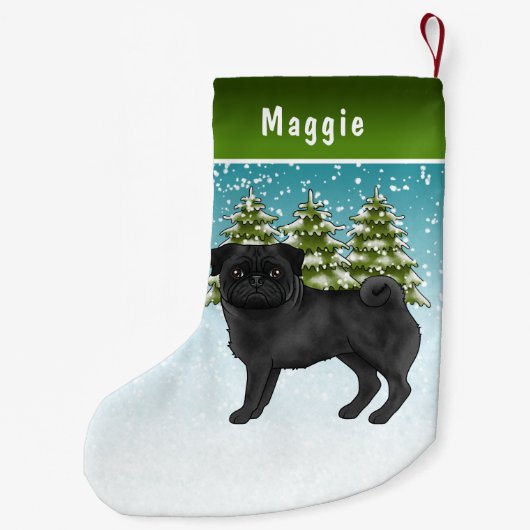 黒いパグかわいい漫画の犬の雪の冬の森 スモールクリスマスストッキング (裏面)