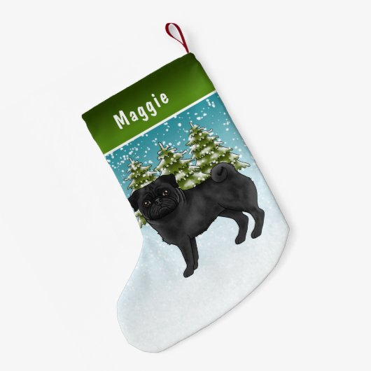 黒いパグかわいい漫画の犬の雪の冬の森 スモールクリスマスストッキング (裏面 (吊り時))