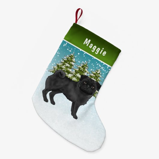 黒いパグかわいい漫画の犬の雪の冬の森 スモールクリスマスストッキング (正面 (吊り時))