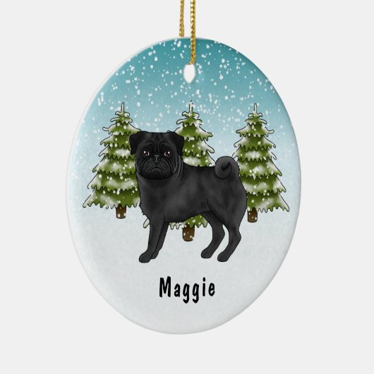 黒いパグかわいい漫画の犬の雪の冬の森 セラミックオーナメント (右)
