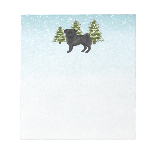 黒いパグのかわいいキャラクターデザインの犬と雪の降る冬の森 ノートパッド (正面)