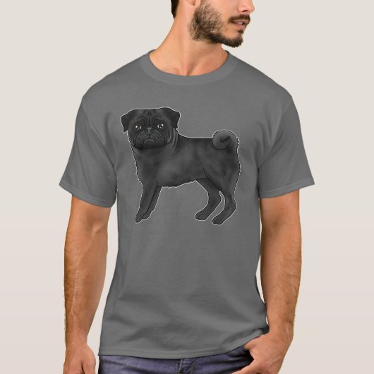 黒いパグのイラスト かわいいキャラクターデザイン Tシャツ (正面)