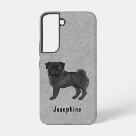 黒いパグのキャラクター 犬のイラスト グレー地に名前入り SAMSUNG GALAXY S22ケース