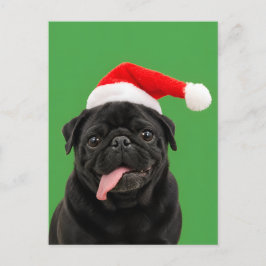 黒いパグのサンタ帽子ベロ出しクリスマス シーズンポストカード