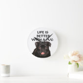 黒いパグの時計 ラウンド壁時計 (ホーム)