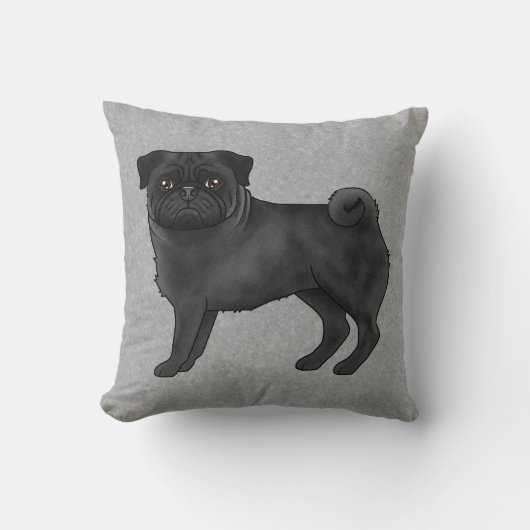 黒いパグの犬のかわいいキャラクターイラスト グレー クッション (正面)