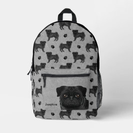 黒いパグの犬モップデザイン+グレー背景 プリントバックパック