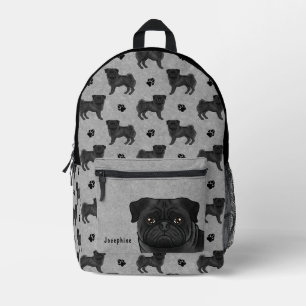 黒いパグの犬モップデザイン+グレー背景 プリントバックパック