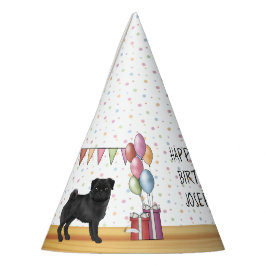 黒いパグの犬 カラフルなパステル色の誕生日おめでとう パーティーハット