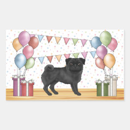 黒いパグの犬 カラフルなパステル色の誕生日バルーン 長方形シール