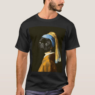 黒いパグの肖像 真珠の耳飾りの少女 - ヤン Tシャツ