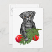 黒いパグパピー愛らしいクリスマスアート シーズンポストカード (正面/裏面)